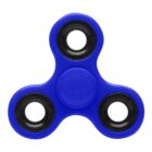 A blue three-pronged fidget spinner with black bearings on a white background.