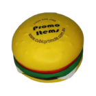 The Funky Stress Ball Hamburger is a unique stress reliever shaped like a burger with cheese, lettuce, and tomato layers. Its yellow bun has a dotted texture and features Promo Items alongside a website URL. Ideal for squeezing away stress in style!.
