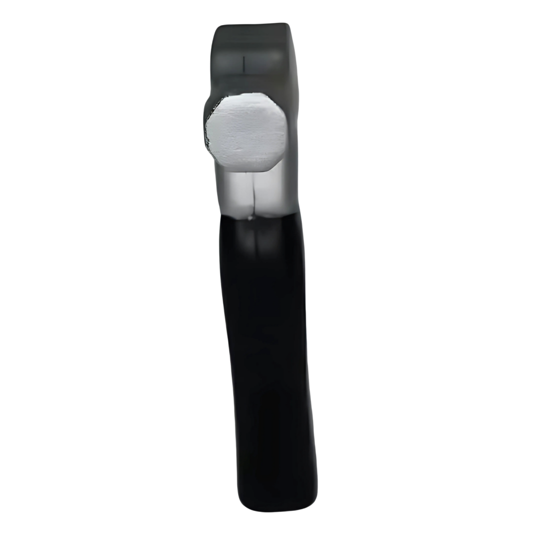 The Funky Stress Ball Hammer, featuring a quirky black and gray design with a sleek black handle, stands upright against a white background, resembling a whimsical take on a traditional hammer.
