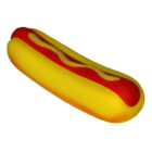 The Funky Stress Ball Hot Dog mimics a classic hot dog with its vibrant yellow, red, and orange design featuring a bun, mustard, and ketchup.
