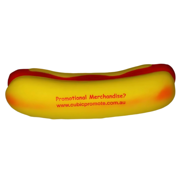 The Funky Stress Ball Hot Dog features a playful hot dog shape with mustard and ketchup details, complete with promotional text, Promotional Merchandise? www.cubicpromote.com.au on the side.