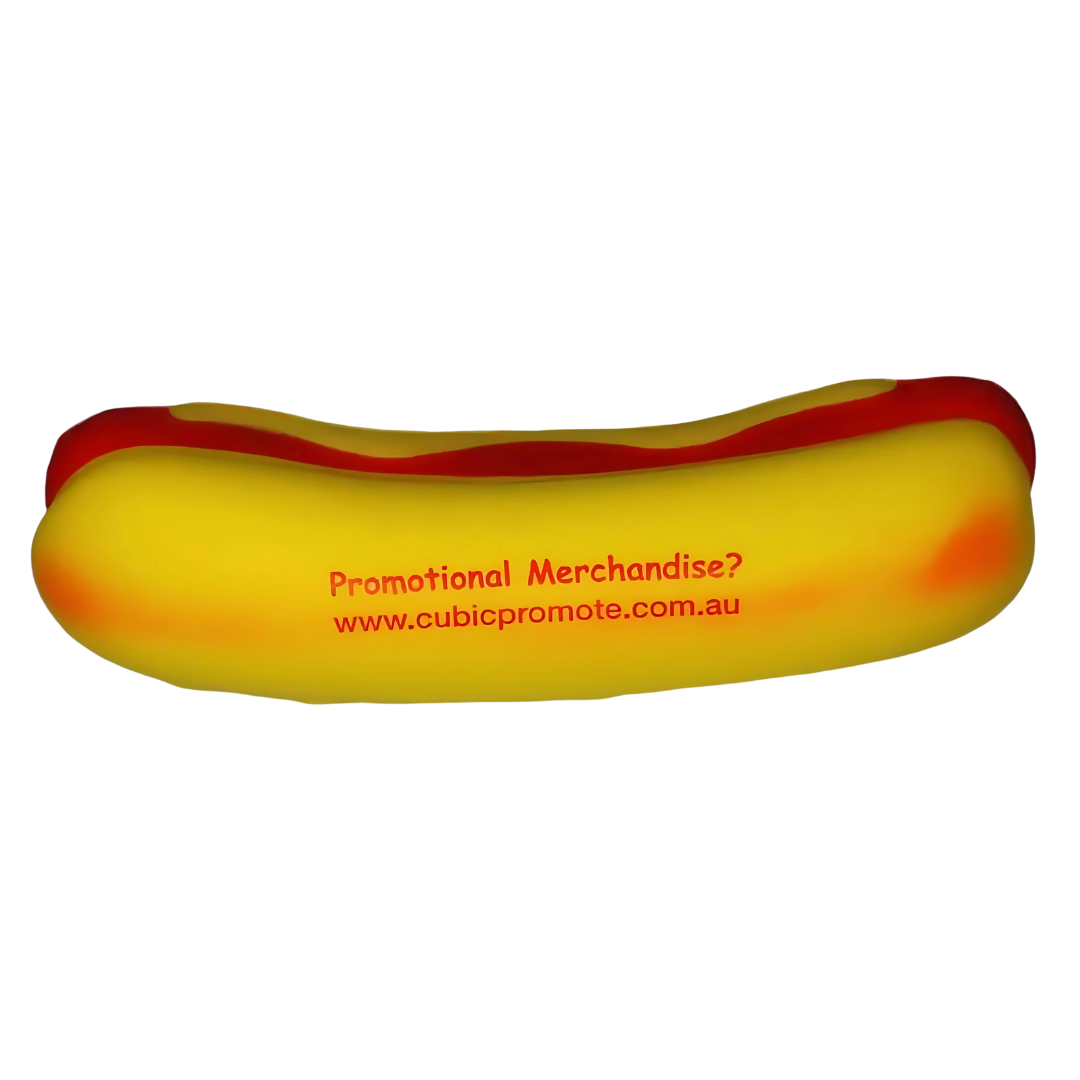 The Funky Stress Ball Hot Dog features a playful hot dog shape with mustard and ketchup details, complete with promotional text, Promotional Merchandise? www.cubicpromote.com.au on the side.