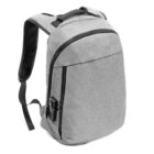 Gray backpack with black zippers and a lock on the side, standing upright on a white background.