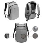 Three angles of a gray backpack plus close-ups of its lock, fabric, and USB charging port.
