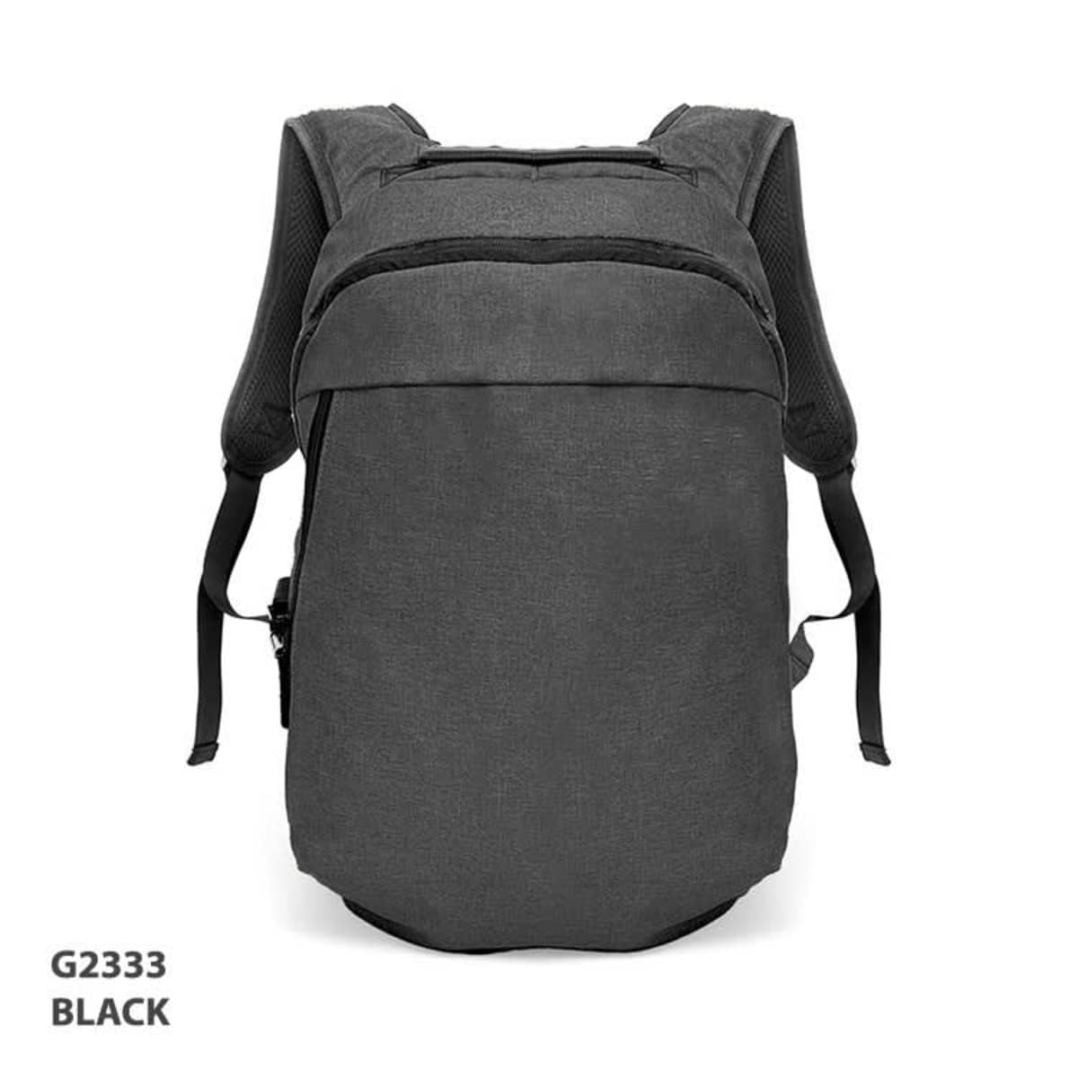 Black backpack with padded straps, shown against a white background. Text: G2333 BLACK.
