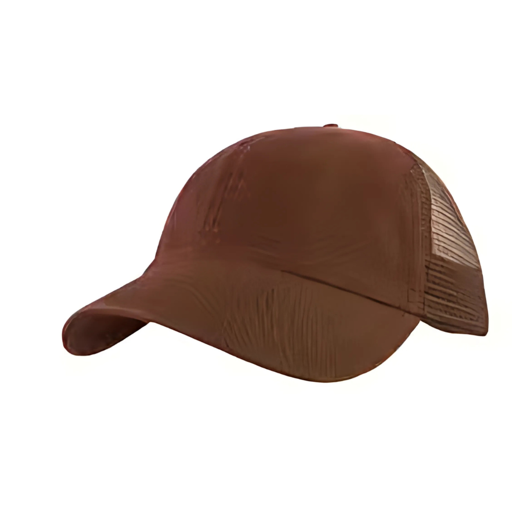 The Washed 6 Panel Cap features a brown front and a mesh back, all against a white background.