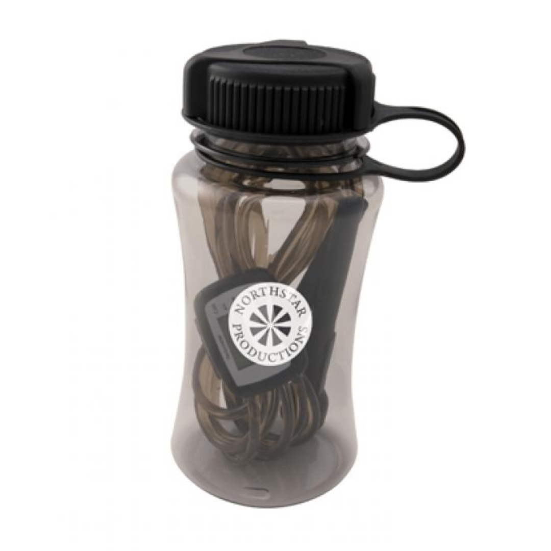 Clear Get Fit Kit bottle with tangled wires, black lid, and North Star Productions label.