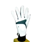 The GOLF GLOVE, showcased on a stand with the palm outward, is white with black accents. It includes perforated details for ventilation and has a snap wrist closure.