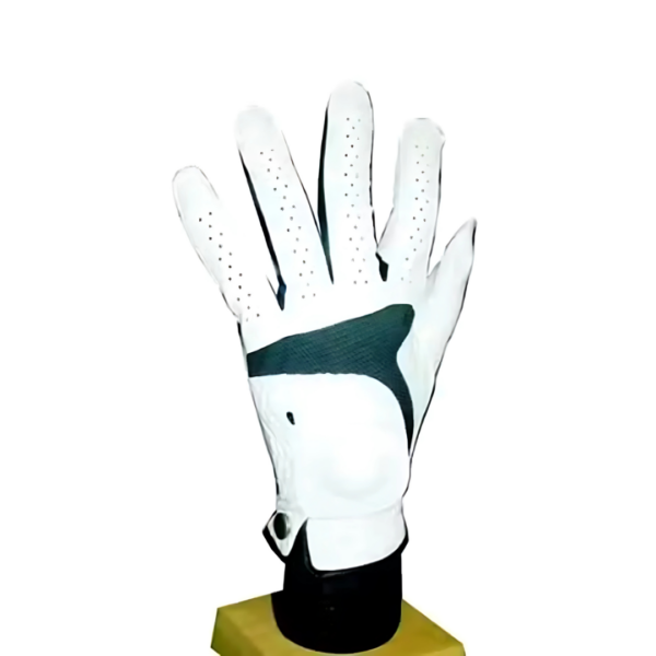 The GOLF GLOVE, showcased on a stand with the palm outward, is white with black accents. It includes perforated details for ventilation and has a snap wrist closure.