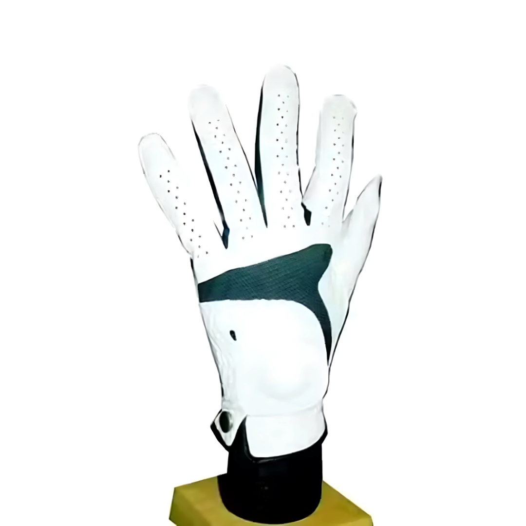 The GOLF GLOVE, showcased on a stand with the palm outward, is white with black accents. It includes perforated details for ventilation and has a snap wrist closure.