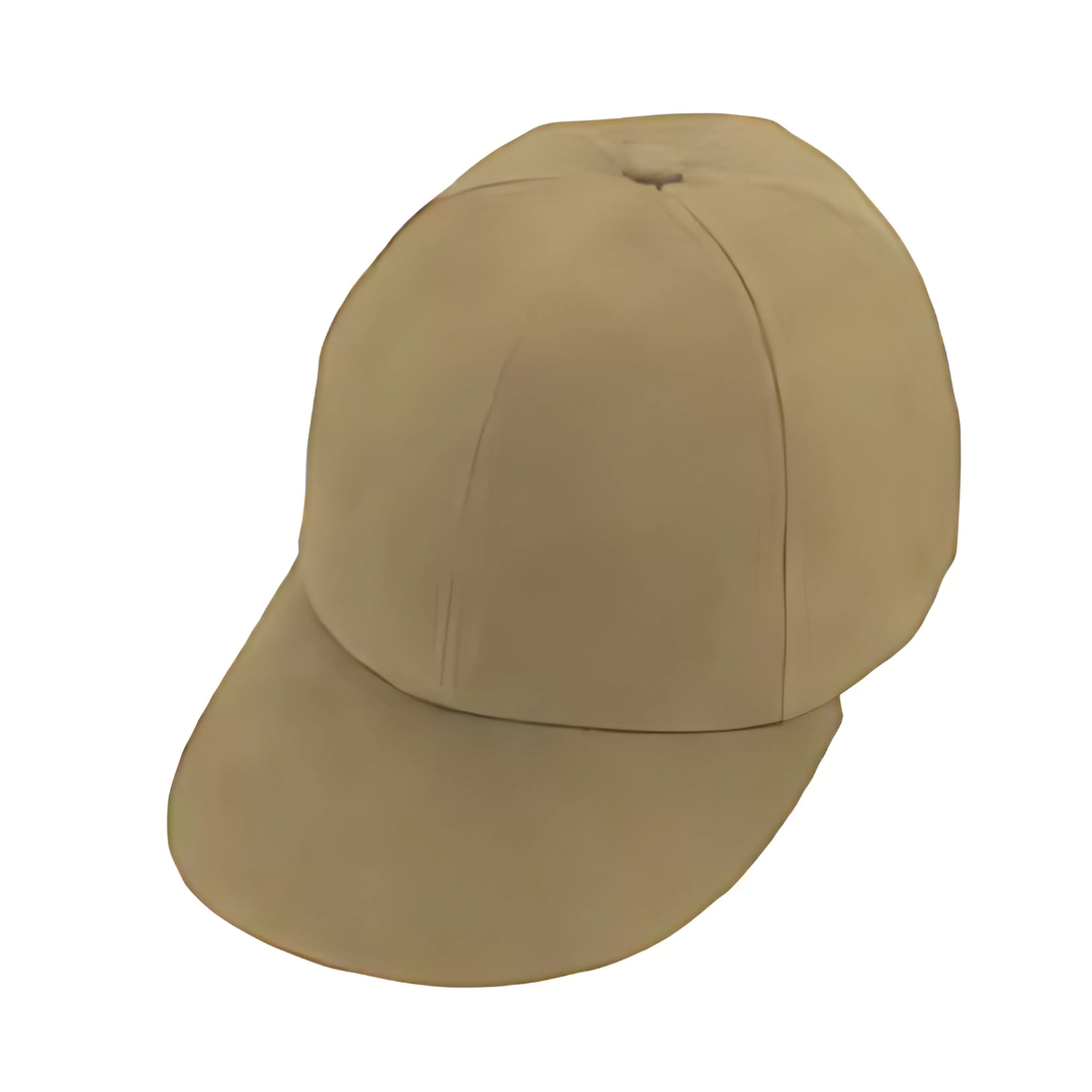 The Heavy Brushed Cotton 6 Panel Cap in plain beige, featuring a six-panel design and a curved brim, is stylishly displayed from an angle against a white background.
