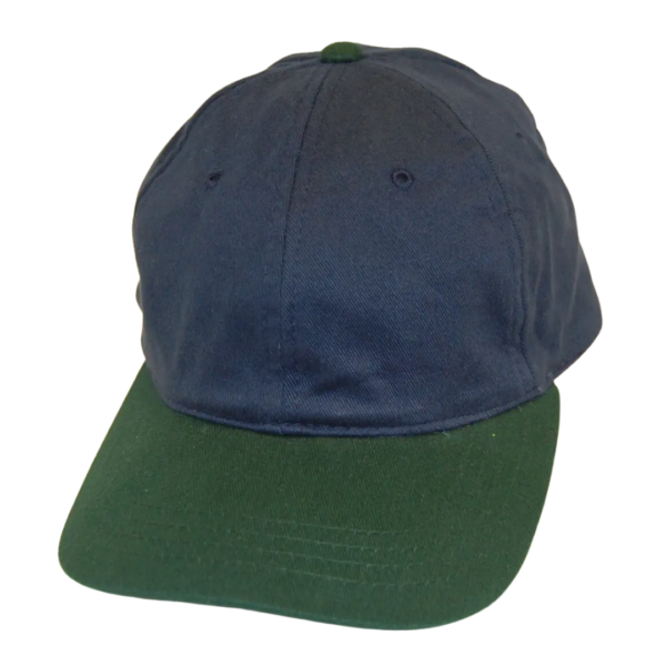 Heavy Twill Cap in blue with a green brim on white background.