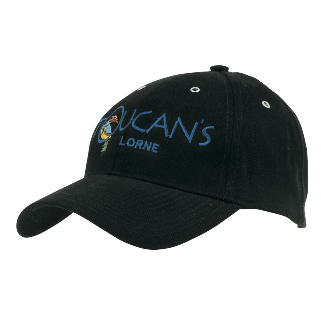 The Heavy Thick Winter Caps sport a black design with a vibrant toucan logo and TOUCANS LORNE embroidery. Featuring a curved brim and ventilation holes, they add stylish flair to winter wear.