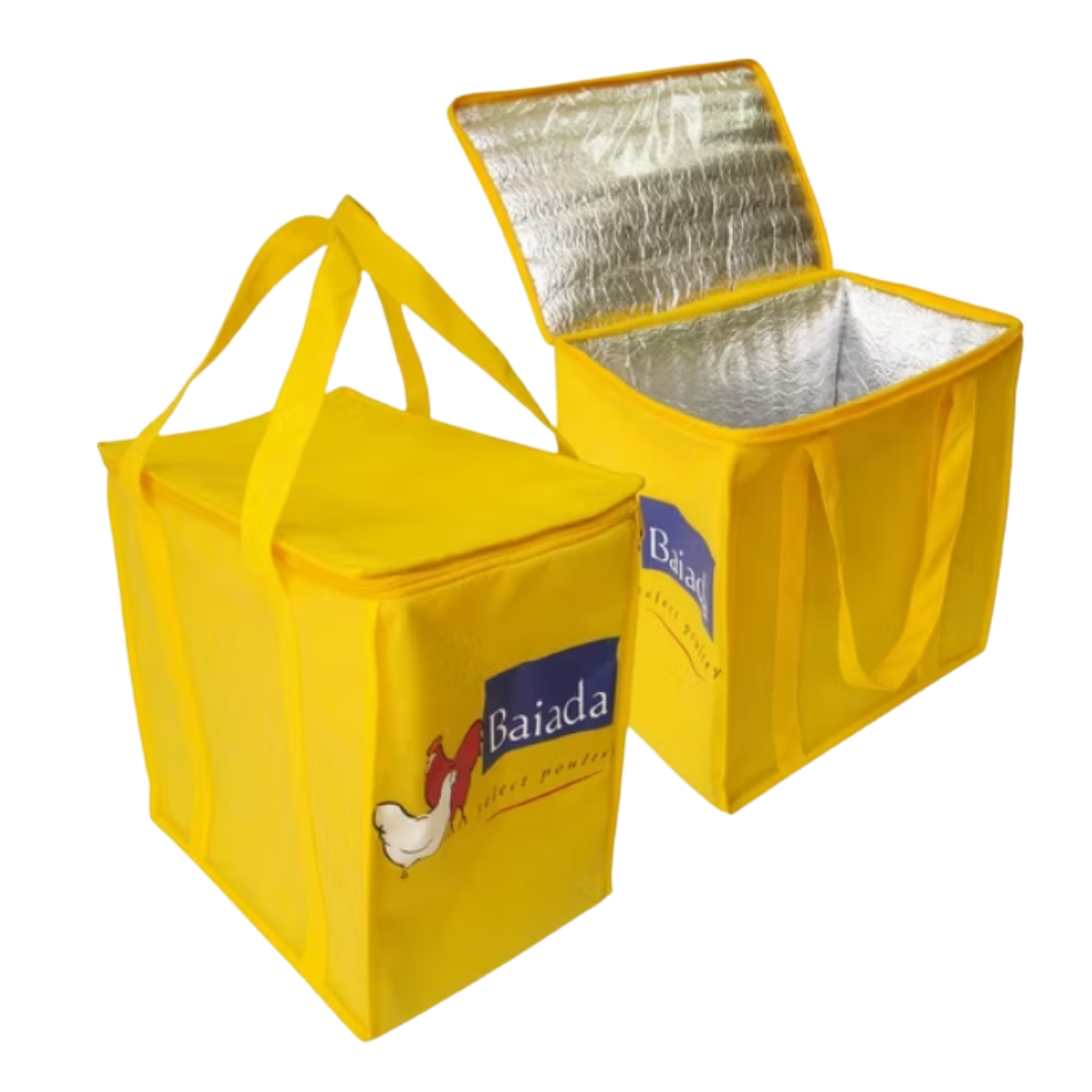 Two yellow Insulated Non Woven Cooler Bags with chicken logo and Baiada text.