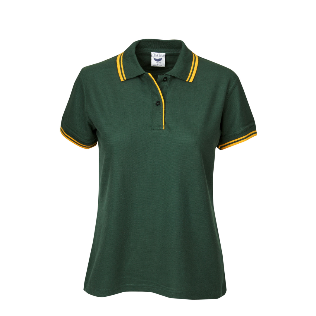 Ladies Camden Polo Shirt in dark green features a collar, short sleeves, and yellow striped accents on the collar and sleeve edges.
