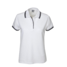 The Ladies Camden Polo Shirt is a stylish white polo featuring black striped trim on the collar and cuffs, complemented by a buttoned placket. Displayed on a plain white background, it embodies classic elegance and modern flair.