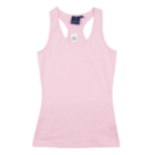 A light pink ladies fitted stretch singlet with a racerback, displayed on a white background. It features a small inside collar tag highlighting its premium quality as part of the Ladies Fitted Stretch Company Singlet T-shirts collection.