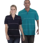 Two people in Ladies Printed Camden Polo Shirts, one blue and one teal, stand side by side.
