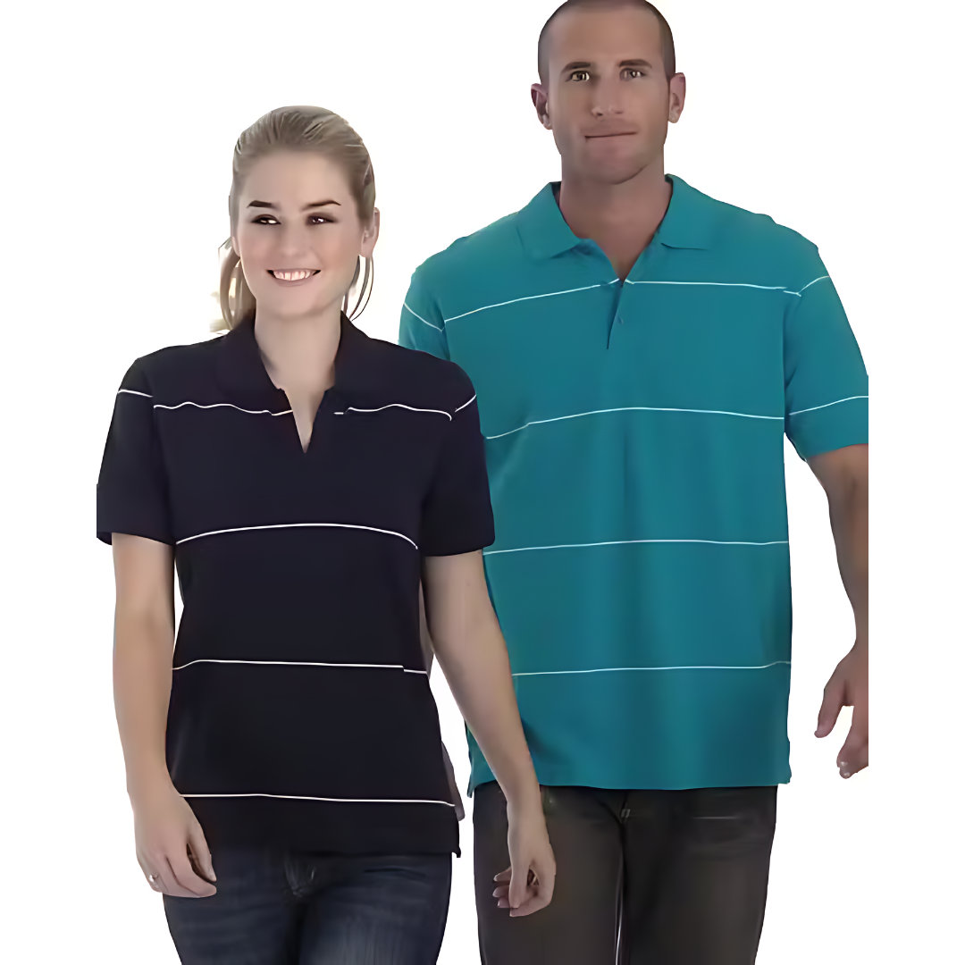 Two people in Ladies Printed Camden Polo Shirts, one blue and one teal, stand side by side.