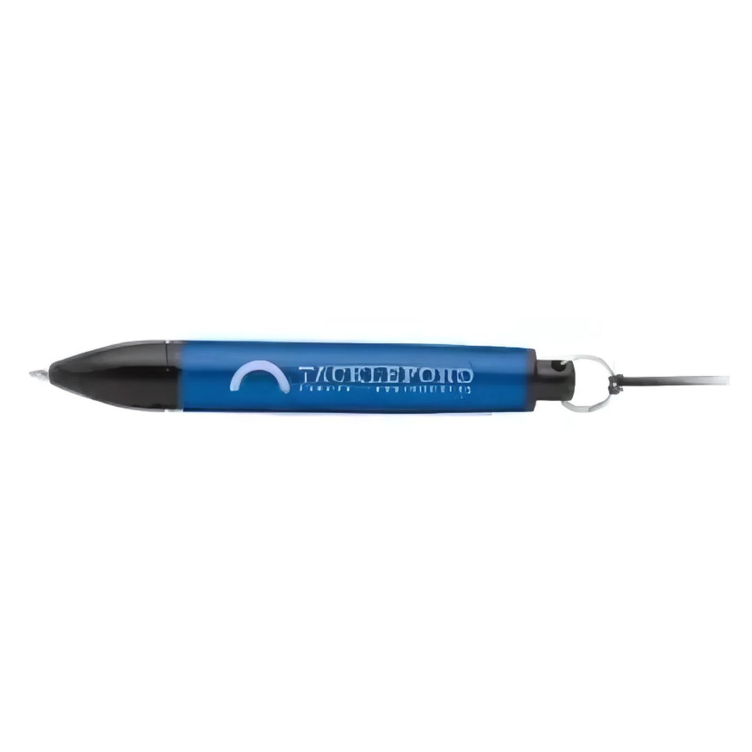Lanyard Pen: A blue and black ballpoint with a key ring on the cap.