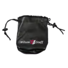 The LEATHER GOLF POUCH is a compact black drawstring pouch with Wilson Staff in bold white and red on the front. It features durable leather cords and plastic cinches, ideal for securing your essentials.