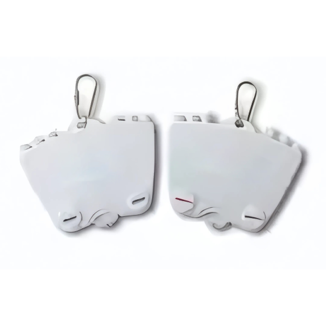 Two abstract, white earrings with top clips feature curves and cutouts inspired by a caddys fluid design, offering a modern, artistic look.