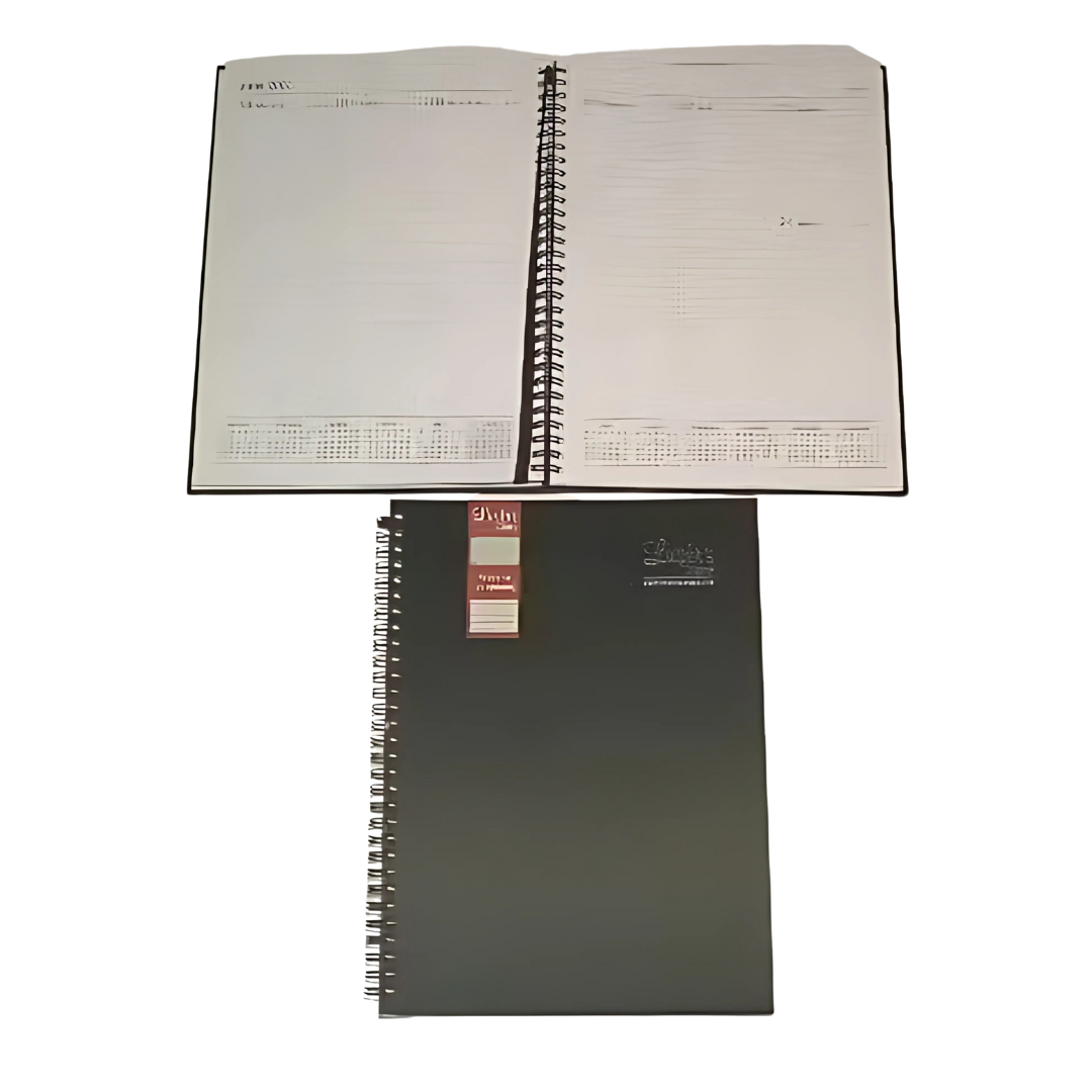 A black, spiral-bound planner from the Lustre Corporate Branded Diary Range reveals its lined pages for scheduling, resting atop a closed counterpart. Both have visible calendar dates and minimalist elegance—perfect for those seeking a corporate touch.