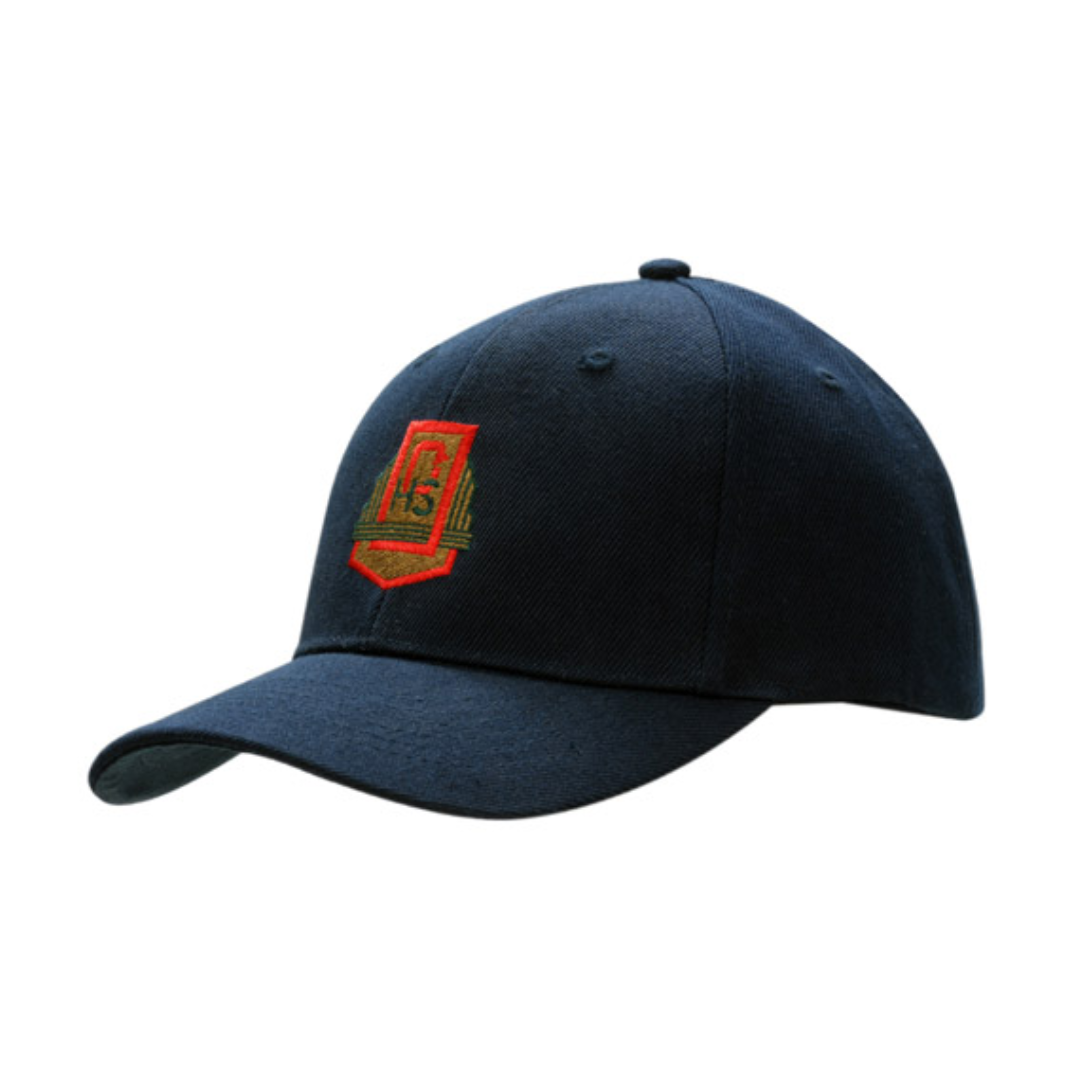 A dark blue Wool 6-panel plaid cap with a red and green embroidered logo on the front, angled slightly to the left to highlight its curved brim and structured crown.