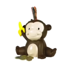 Meet MICKEY THE MONKEY COIN SAVINGS BANK, a delightful brown bank with a bright yellow banana. With a wide smile, he sits contently amid coins while folded banknotes peek from his head.