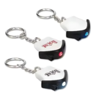 The Mini Promotional House Flashlight Keytags combine style and functionality with metal loops and red or blue lights on a white surface, featuring printed text. These keychains add a vibrant pop of color to your essentials.