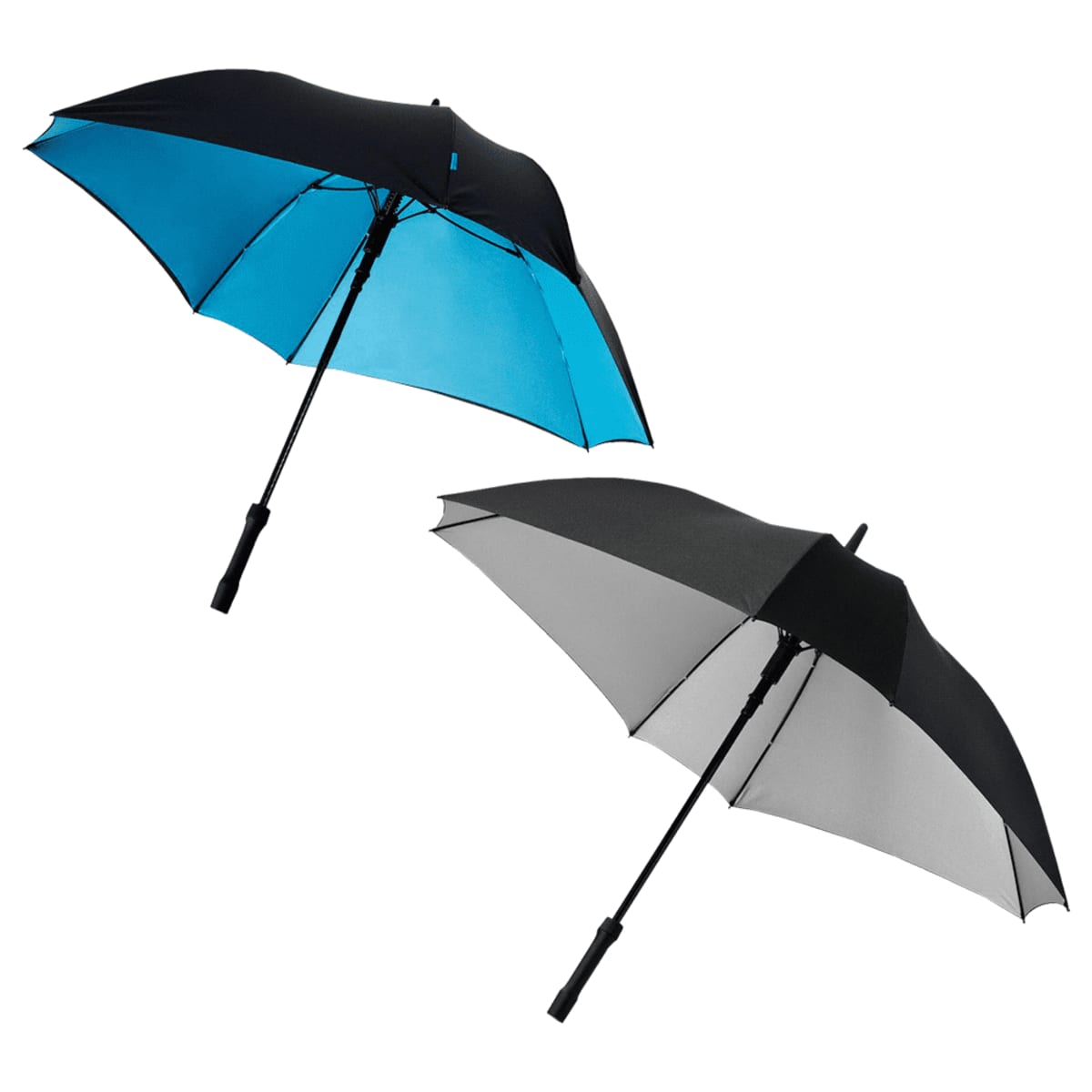 Two umbrellas: one blue and black, one gray and black, both open against a white background.