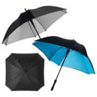 Three black umbrellas, one open with blue lining, viewed from different angles.