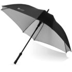Black and gray umbrella with logo, open and angled to the side.