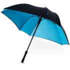 A black and blue umbrella opened against a white background.