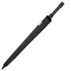 A closed black umbrella with a straight handle.