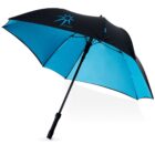 Black and blue umbrella with a logo on the canopy.