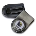 The Money Clip Pack Promo Golf set, featuring a sleek silver golf ball marker and hat clip, is perfect for enthusiasts. With a colorful logo of a stylized bird and SANDFLIGHT DREAM CLUB, its an ideal promotional gift that adds style to your game.