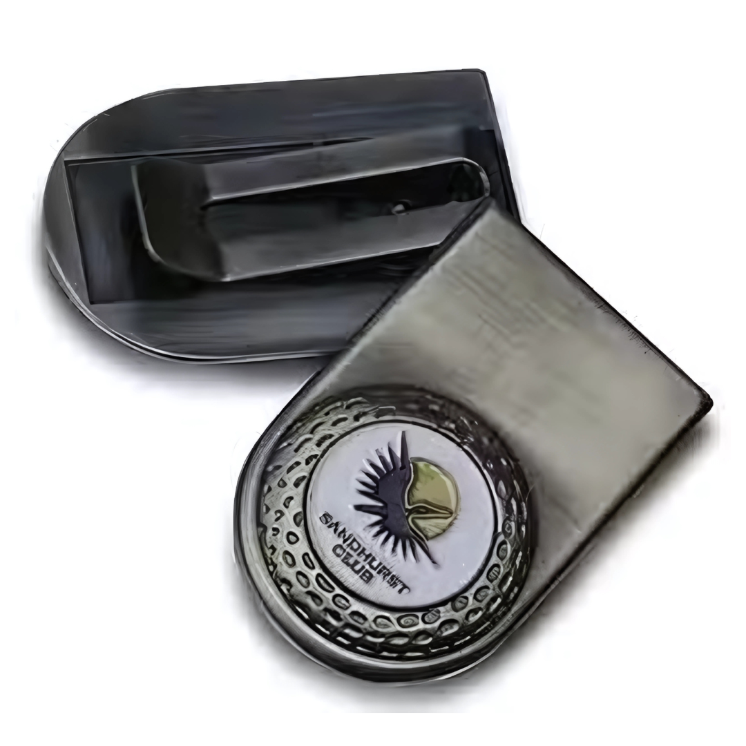 The Money Clip Pack Promo Golf set, featuring a sleek silver golf ball marker and hat clip, is perfect for enthusiasts. With a colorful logo of a stylized bird and SANDFLIGHT DREAM CLUB, its an ideal promotional gift that adds style to your game.
