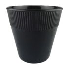 A black cup with a wide top and tapered bottom. The upper half has a ridged texture, while the lower half is smooth.