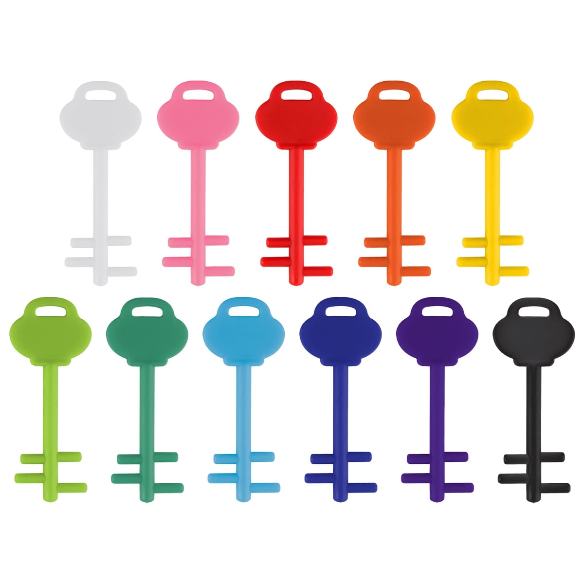 A collection of eleven colorful keycap covers, arranged in two rows. The covers are shaped like keys and come in various colors: white, pink, red, orange, yellow, green, teal, blue, purple, black.