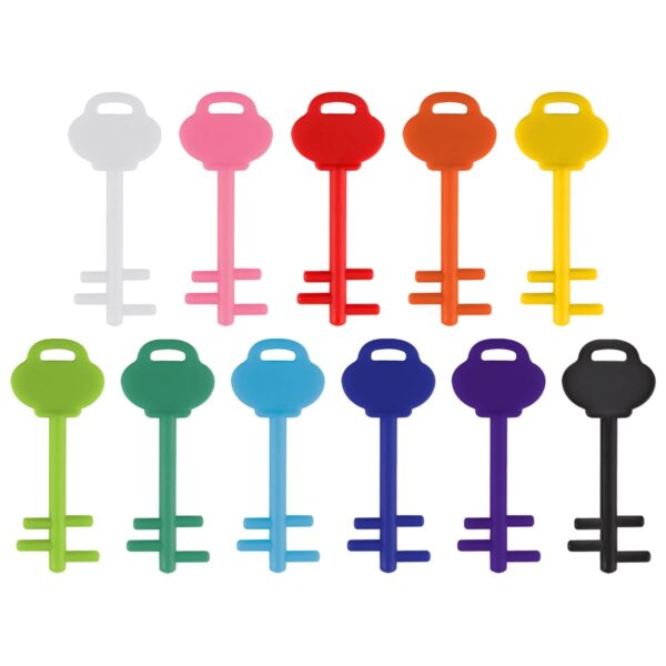 A collection of colorful plastic key tags are arranged in two rows. The colors include white, pink, red, orange, yellow, green, blue, purple, and black. Each tag features a simple key-like shape with three prongs at the bottom.