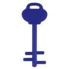 A blue plastic key with a simple, rounded design and two straight teeth. It has a handle at the top and is shown against a plain white background.