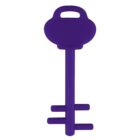 A purple key with a round head and a simple barrel design, featuring two parallel notches at the end. The key has a modern, minimalistic look.