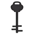 A black, antique-style key with a round, ornate handle and a three-pronged bit, standing vertically against a white background.