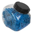 A clear plastic jar filled with blue plastic cocktail swords, featuring a black screw-on lid. The jar is tilted slightly to the side, showcasing a large number of swords inside.