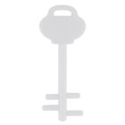 A white, vintage-style skeleton key with a rounded bow and two prongs at the end, set against a plain white background.