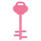 A pink plastic toy key with a round top and two prongs at the bottom.