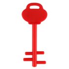 A bright red, oversized, plastic key with a round top handle and a flat, rectangular stem featuring two horizontal bars at the end.