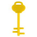 A yellow toy key with a rounded head and a rectangular handle, featuring two horizontal teeth at the bottom.
