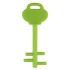 A green, flat, plastic key with a rounded head and three notches on the shaft, isolated on a white background.